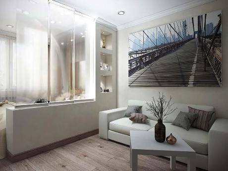 Дизайн спальни-гостиной 16 м² с балконом
