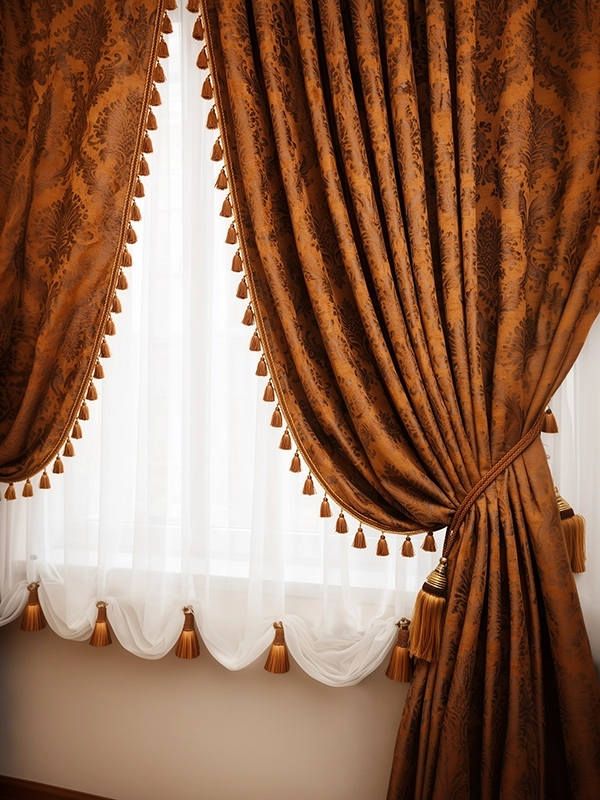Элегантные шторы с мягкими перекидами и свагами в пастельных тонах для оформления большого окна