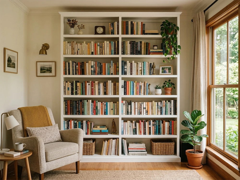 Белый книжный шкаф с открытыми полками в интерьере